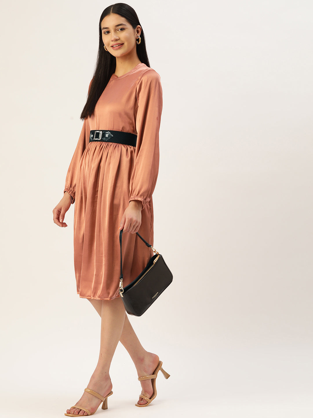 Women Peach-Coloured Satin Dress with Belt ( JND 1004Brown )