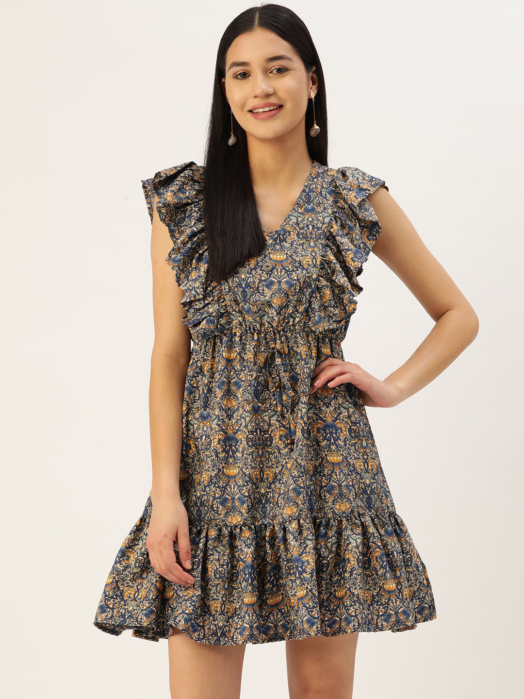 Women Navy Blue & Cream-Coloured Floral Crepe A-Line Dress ( JND 1007Bluexx )