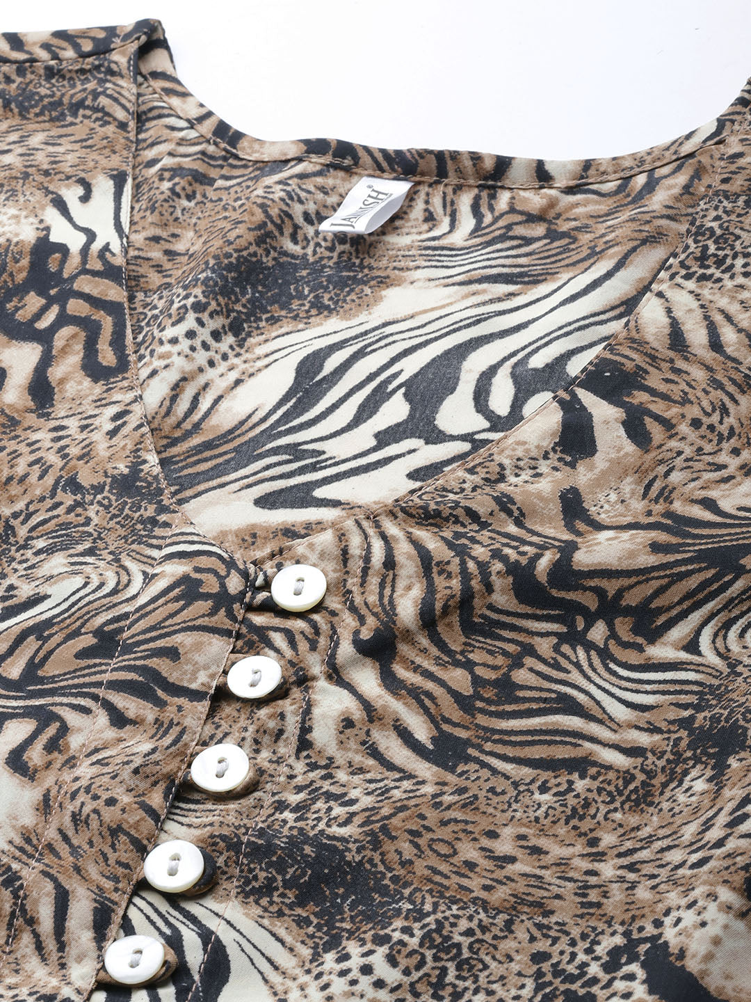 Women Animal Print Puff Sleeves Crepe Midi Dress ( JND 1008Brown )