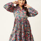 Women Blue & Pink Floral Printed Puff Sleeves Tiered Satin Dress ( JND 1010Blue )