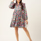 Women Blue & Pink Floral Printed Puff Sleeves Tiered Satin Dress ( JND 1010Blue )