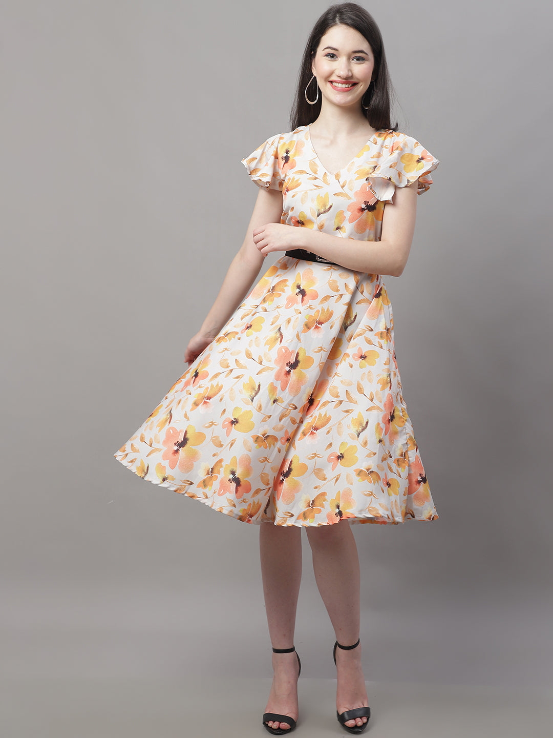 Women Orange Printed A-Line Dresses With Belt