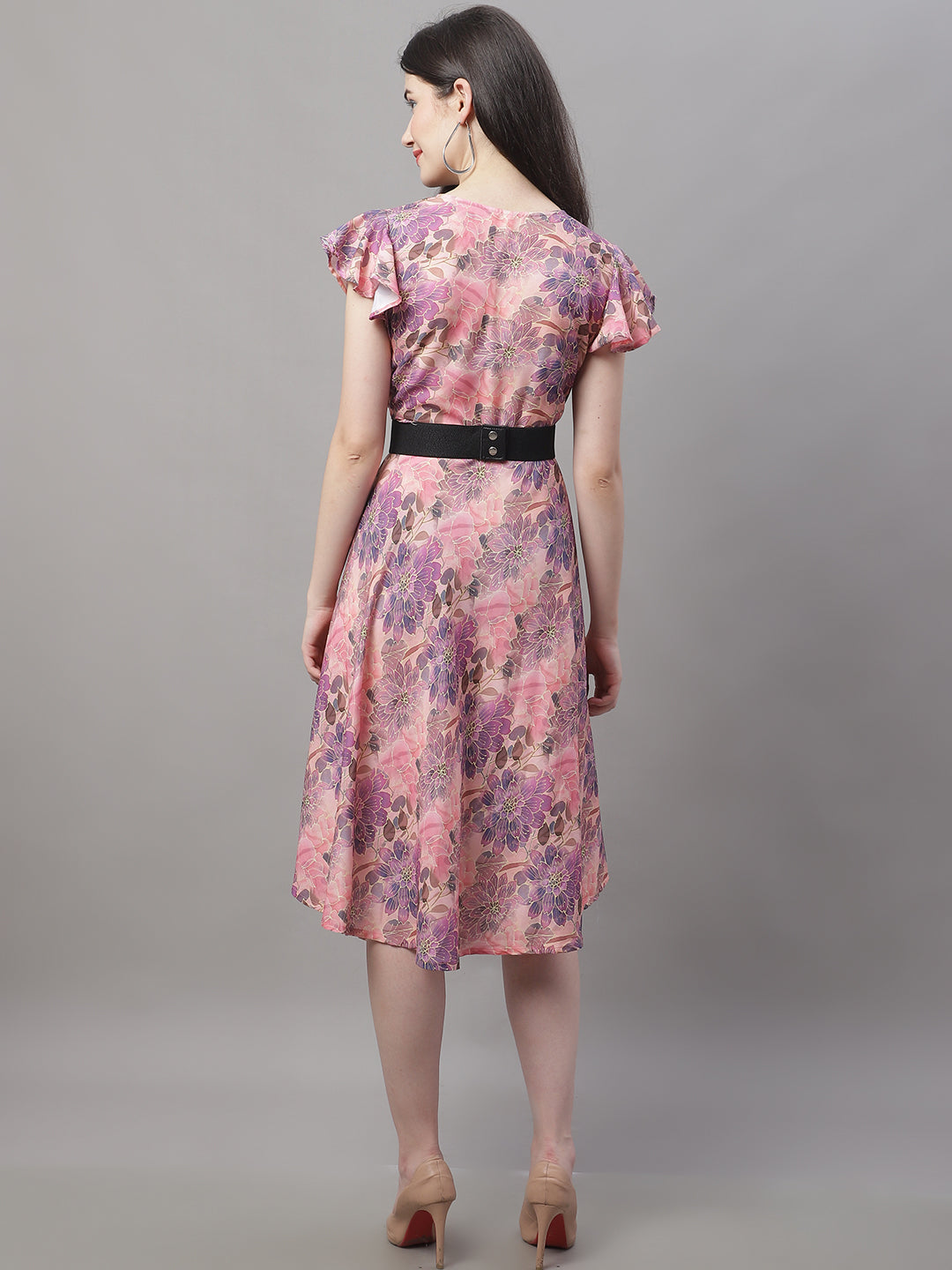 Women Pink Printed A-Line Dresses With Belt