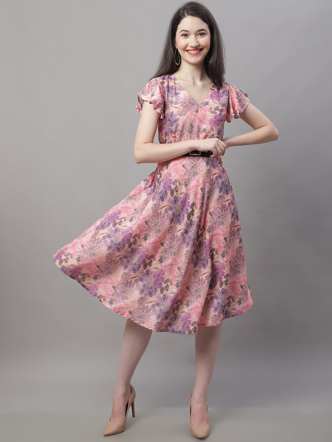 Women Pink Printed A-Line Dresses With Belt