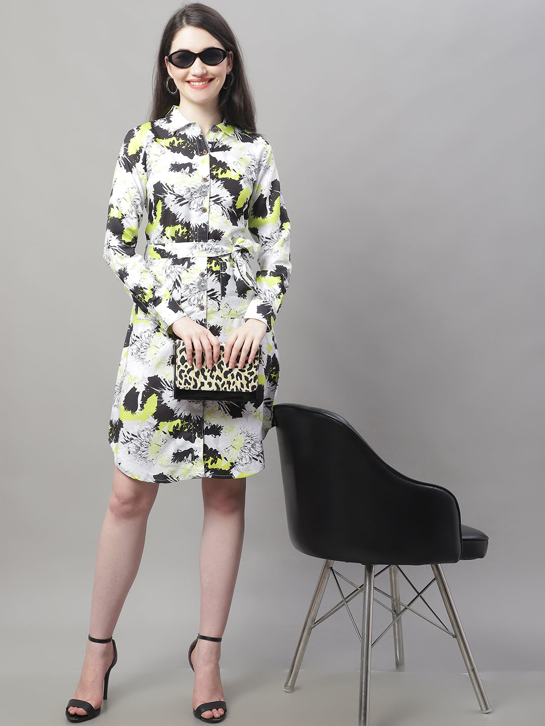 Women White Printed A-Line Dresses With Belt