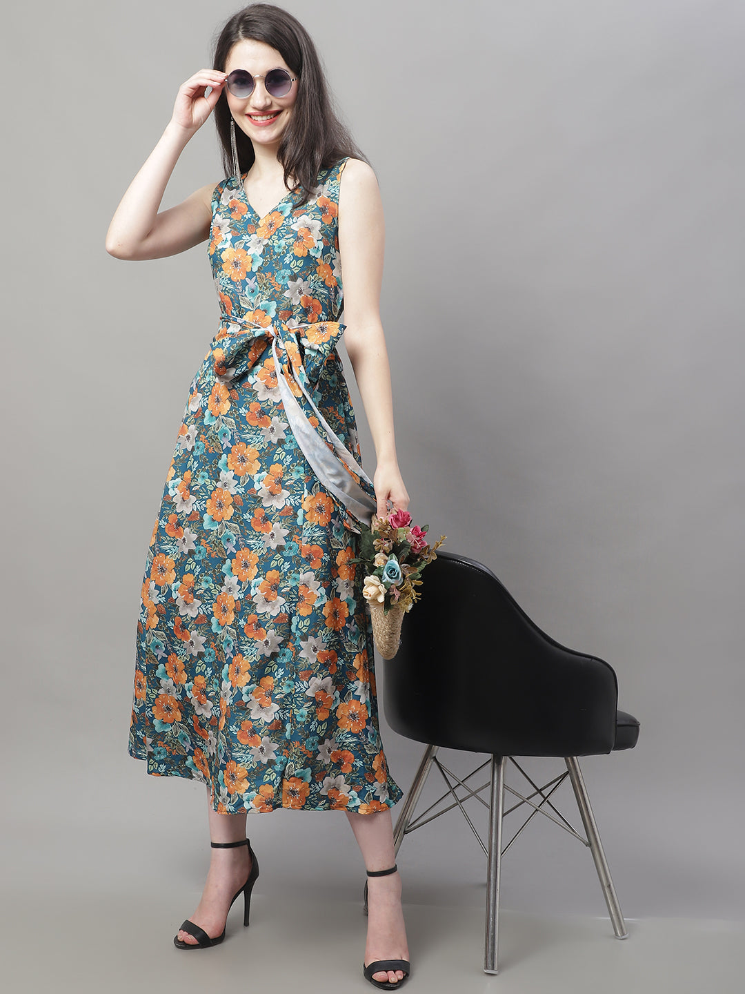 Women Teal Blue Printed A-Line Dresses