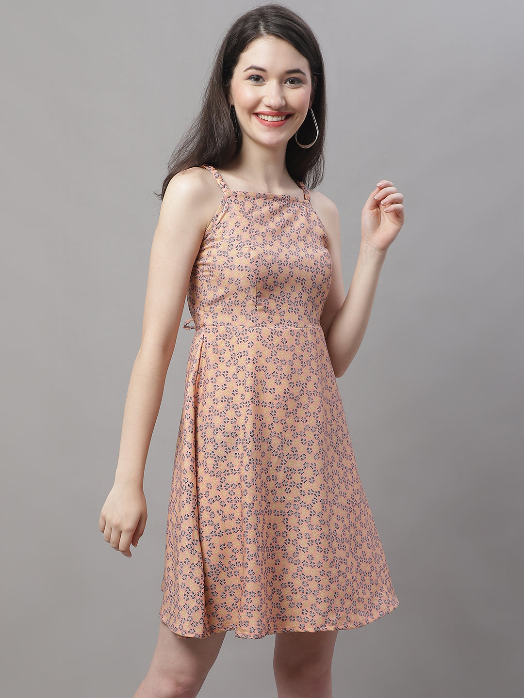 Women Peach Floral Printed A-Line Dresses