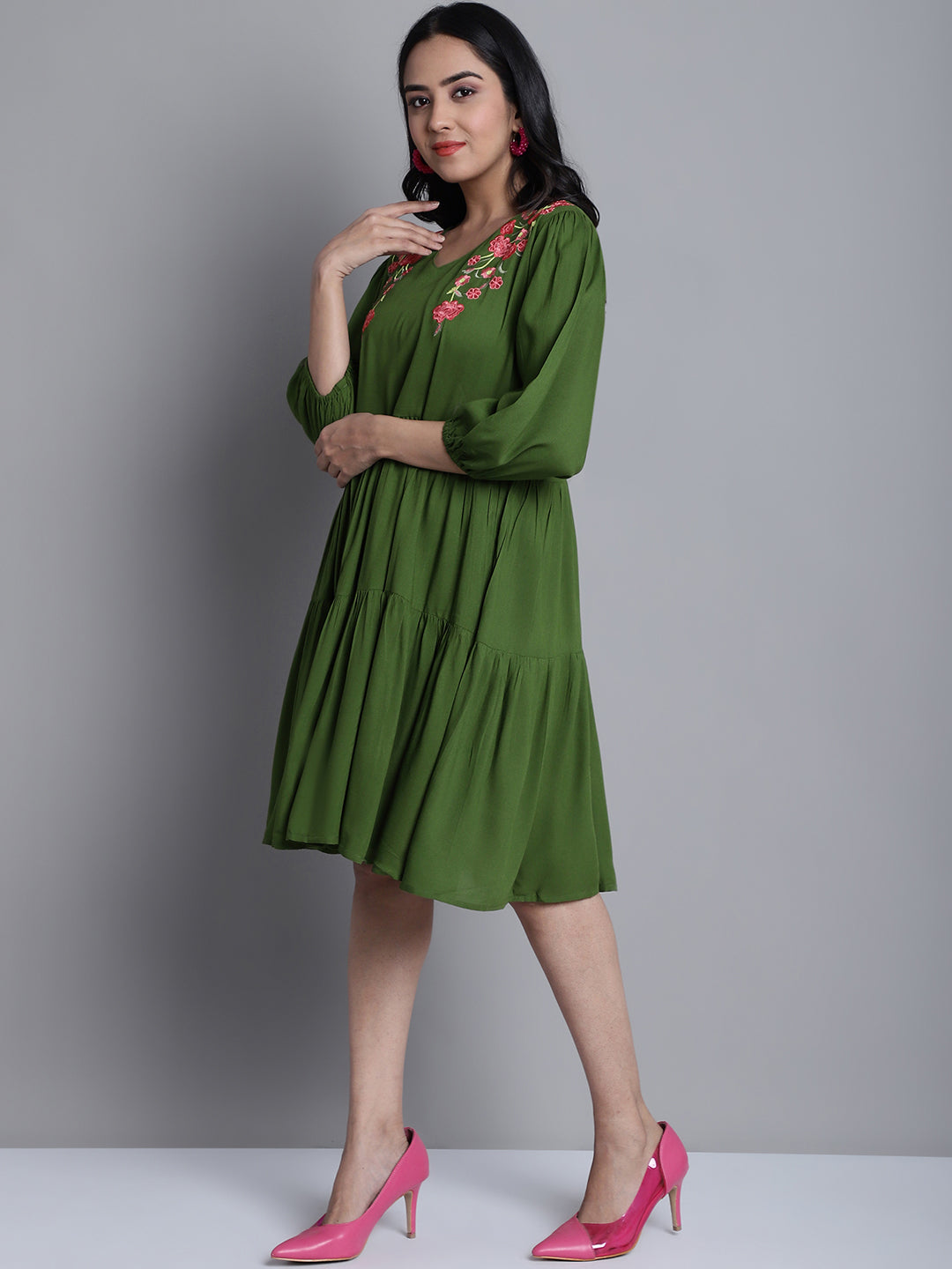 Women's Green Floral Embroidered A-line Dress ( JND 1024 Green )