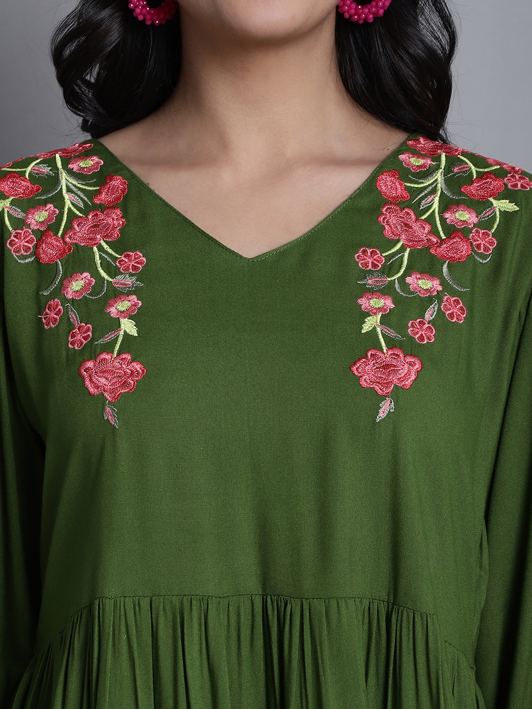 Women's Green Floral Embroidered A-line Dress ( JND 1024 Green )