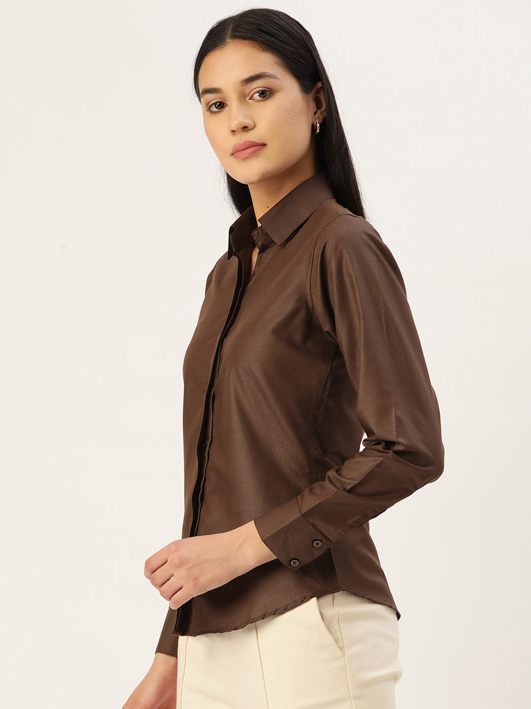 Women Coffee Solid Shirt Style Top