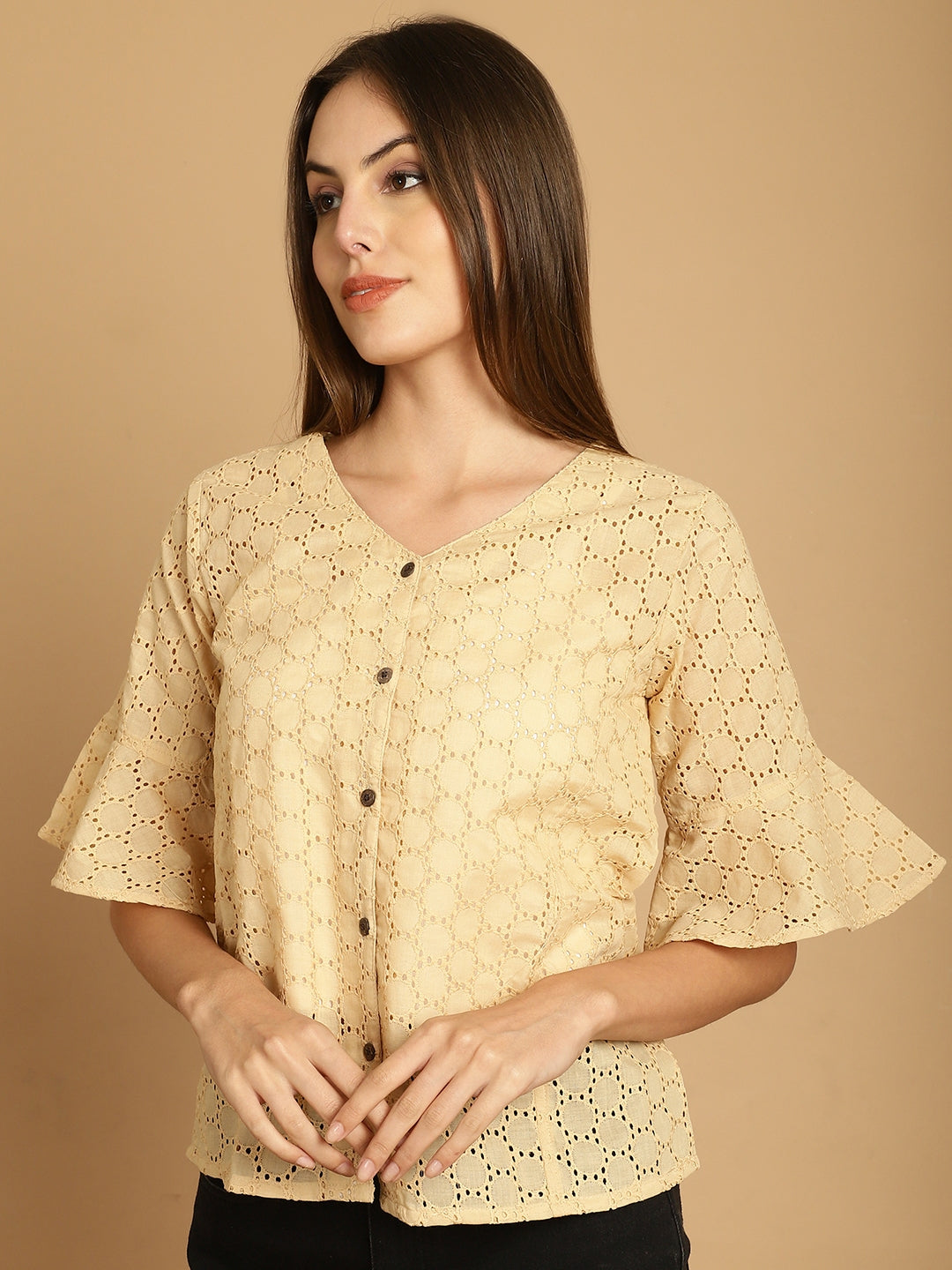 Embroidered Cotton V-Neck Top for Women ( JNT 2020Beige )