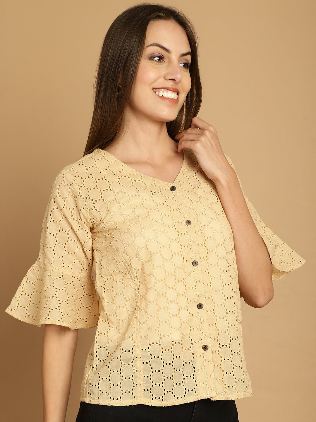 Embroidered Cotton V-Neck Top for Women ( JNT 2020Beige )