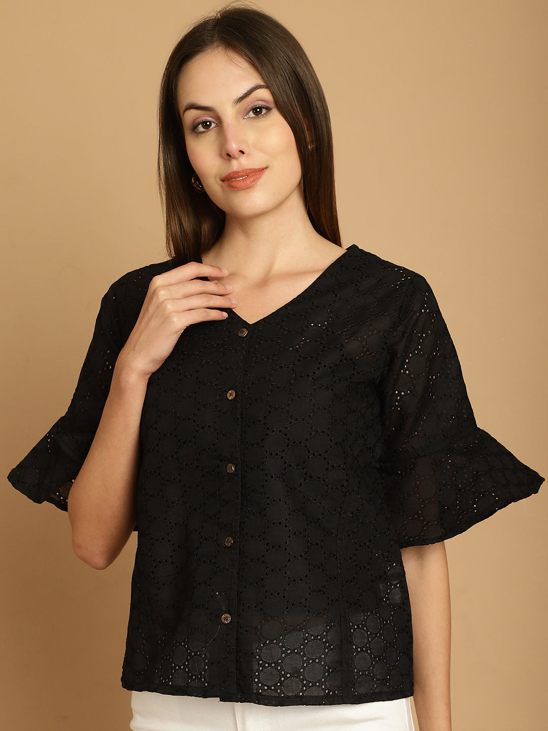 Embroidered Cotton V-Neck Top for Women ( JNT 2020Black )