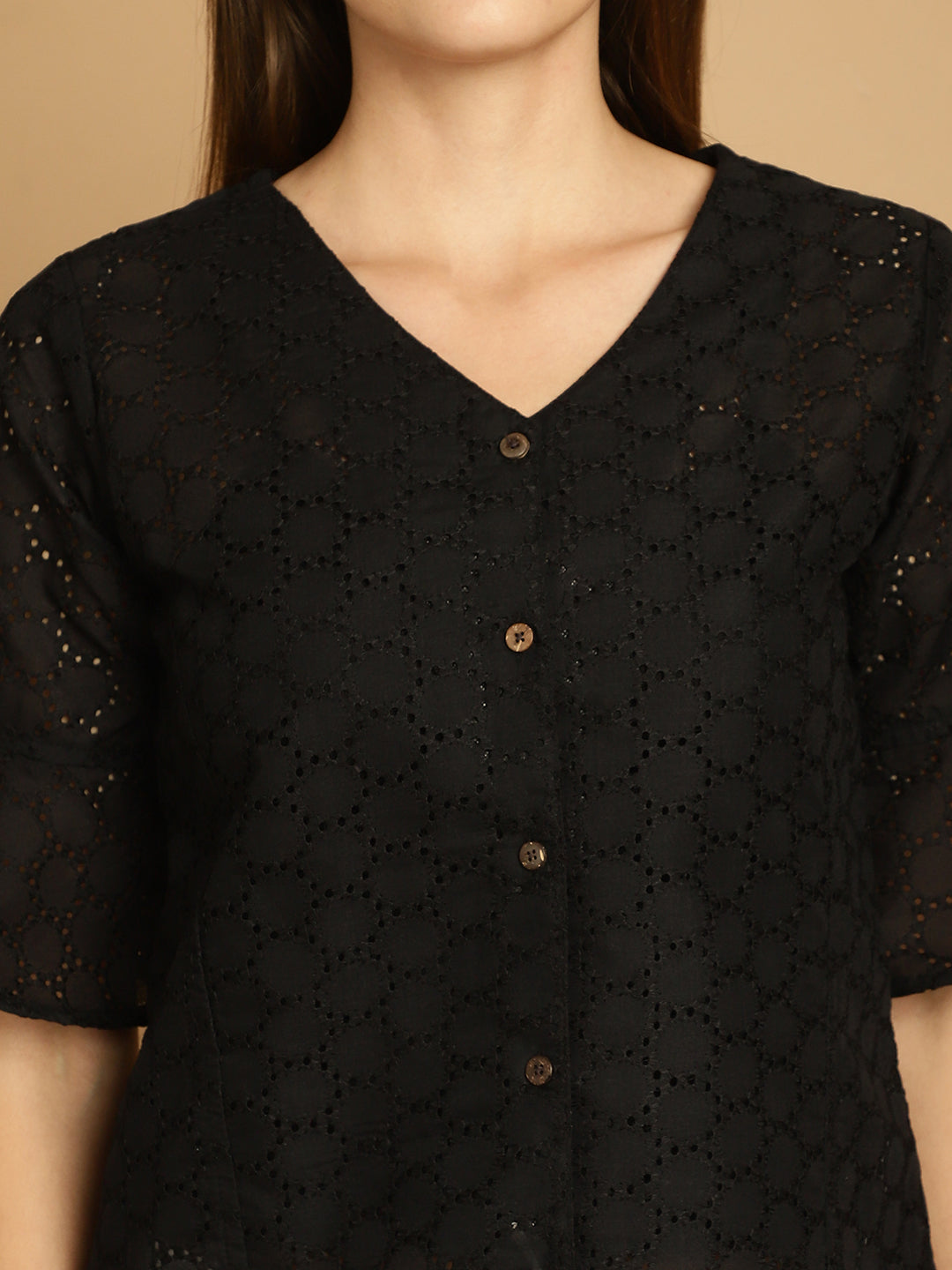 Embroidered Cotton V-Neck Top for Women ( JNT 2020Black )