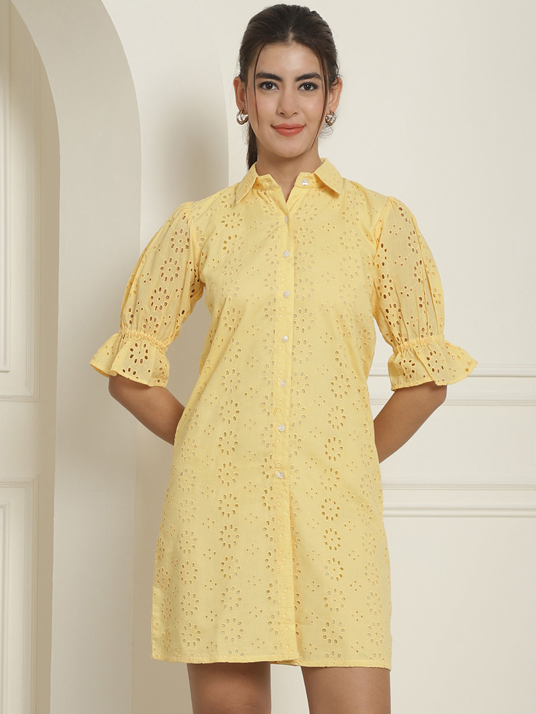 Embroidered Cotton  Dress for Women ( JND 2021Yellow )