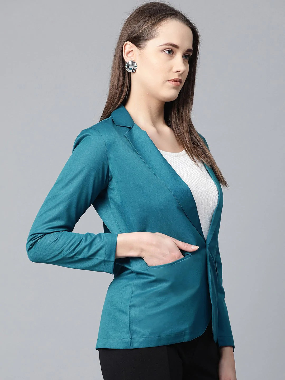 Jompers Women Teal Blue Solid Single-Breasted Smart Casual Blazer ( JOB 6001 Blue )