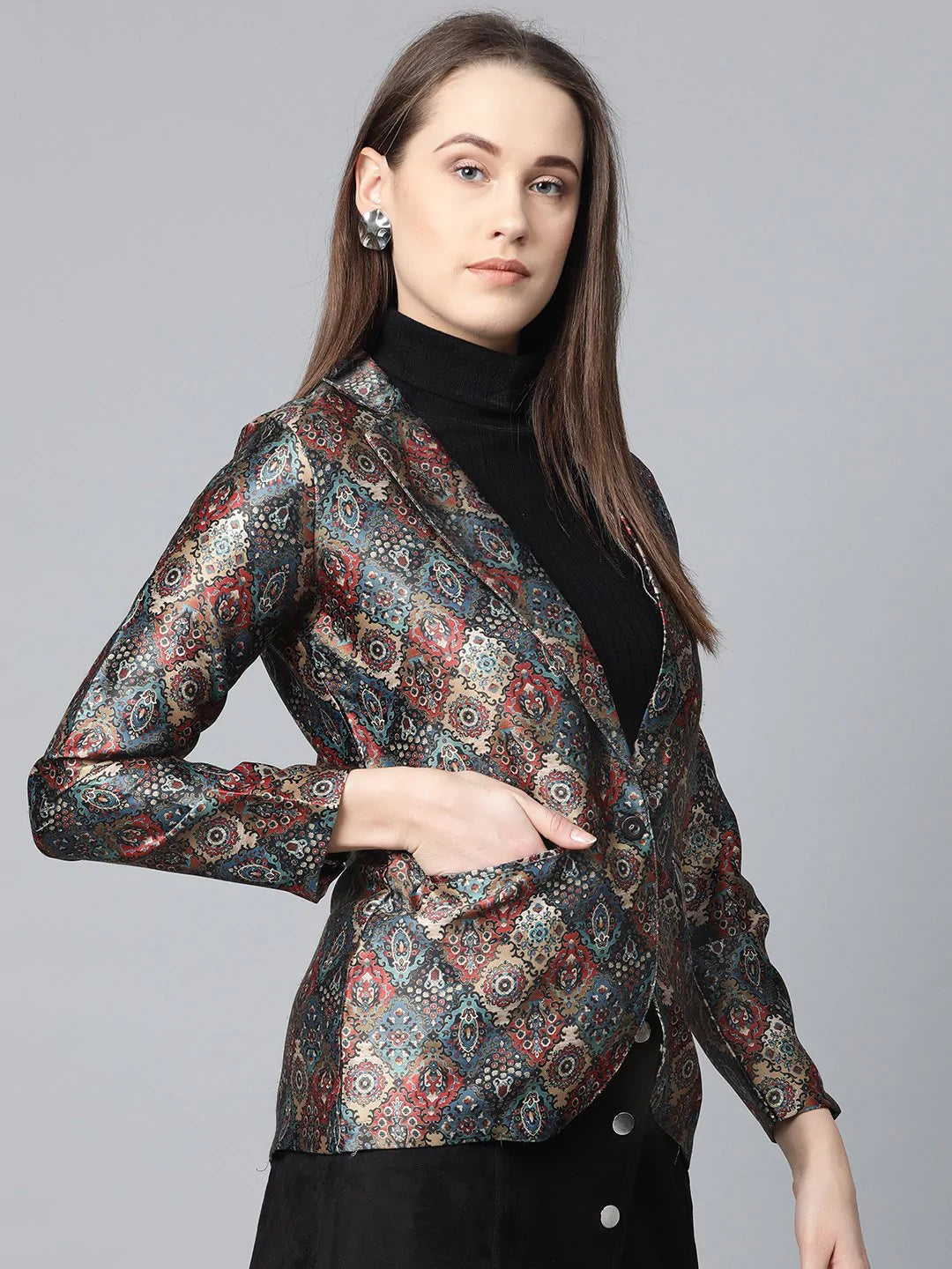Jompers Women Blue & Maroon Satin Finish Printed Single-Breasted Blazer ( JOB 6002 Blue )