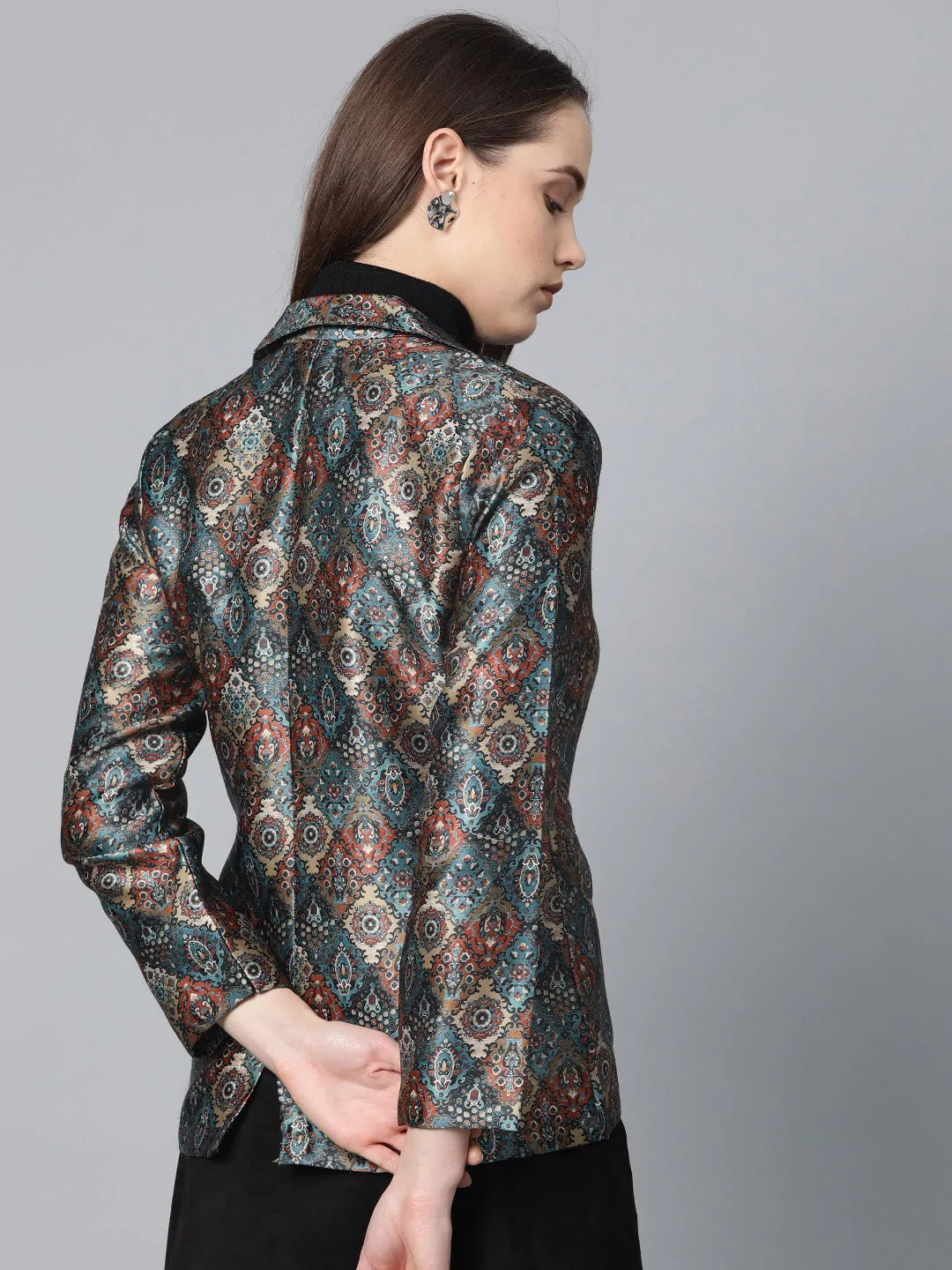 Jompers Women Blue & Maroon Satin Finish Printed Single-Breasted Blazer ( JOB 6002 Blue )