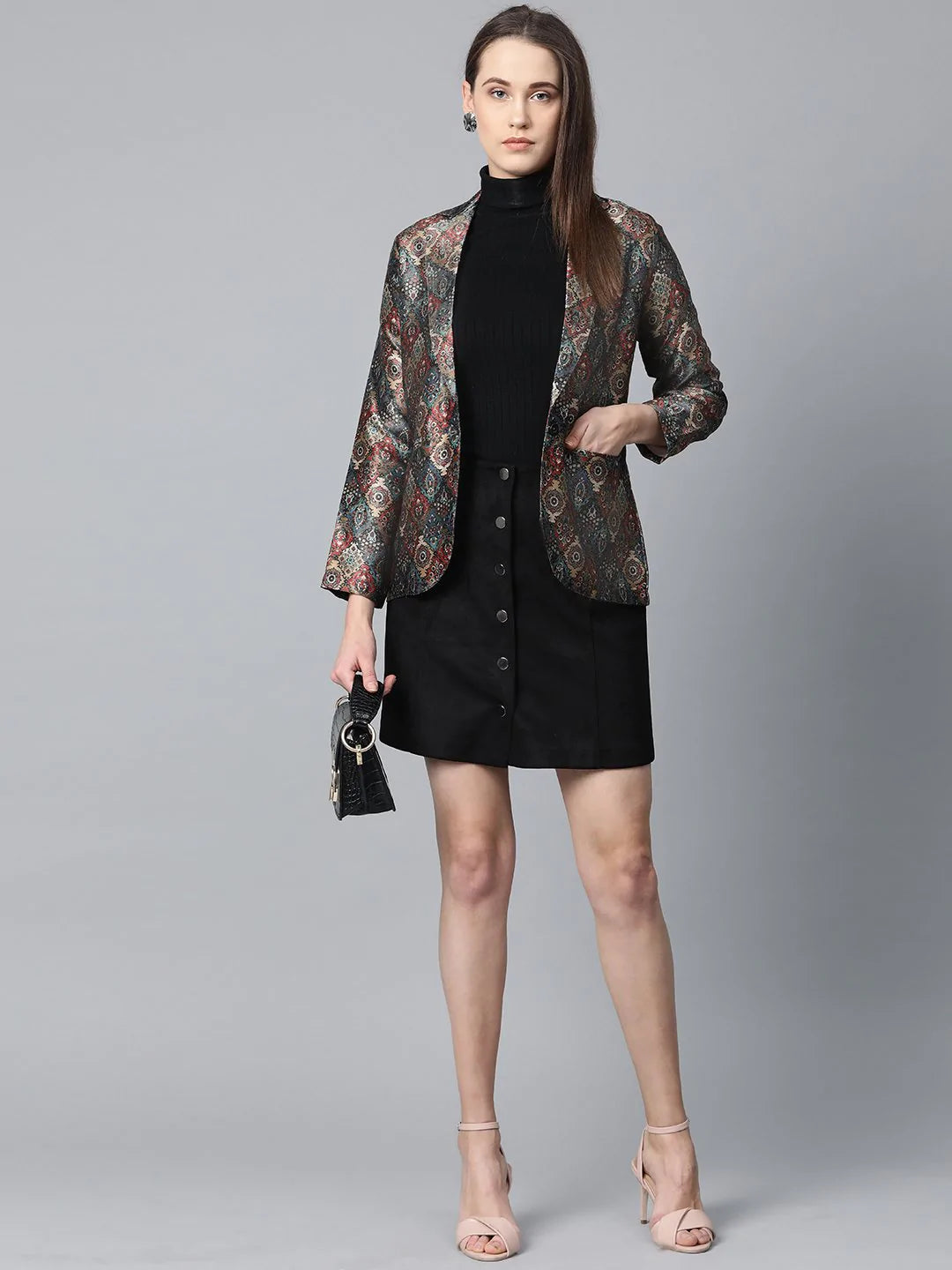 Jompers Women Blue & Maroon Satin Finish Printed Single-Breasted Blazer ( JOB 6002 Blue )