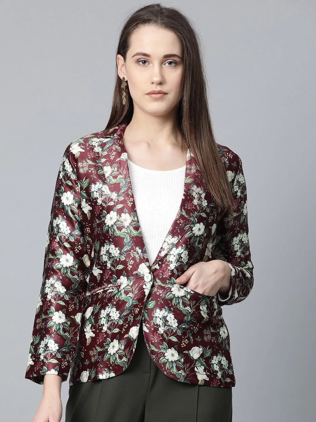 Jompers Women Maroon & Green Satin Floral Print Single-Breasted Casual Blazer ( JOB 6002 Maroon )