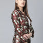 Jompers Women Maroon & Green Satin Floral Print Single-Breasted Casual Blazer ( JOB 6002 Maroon )