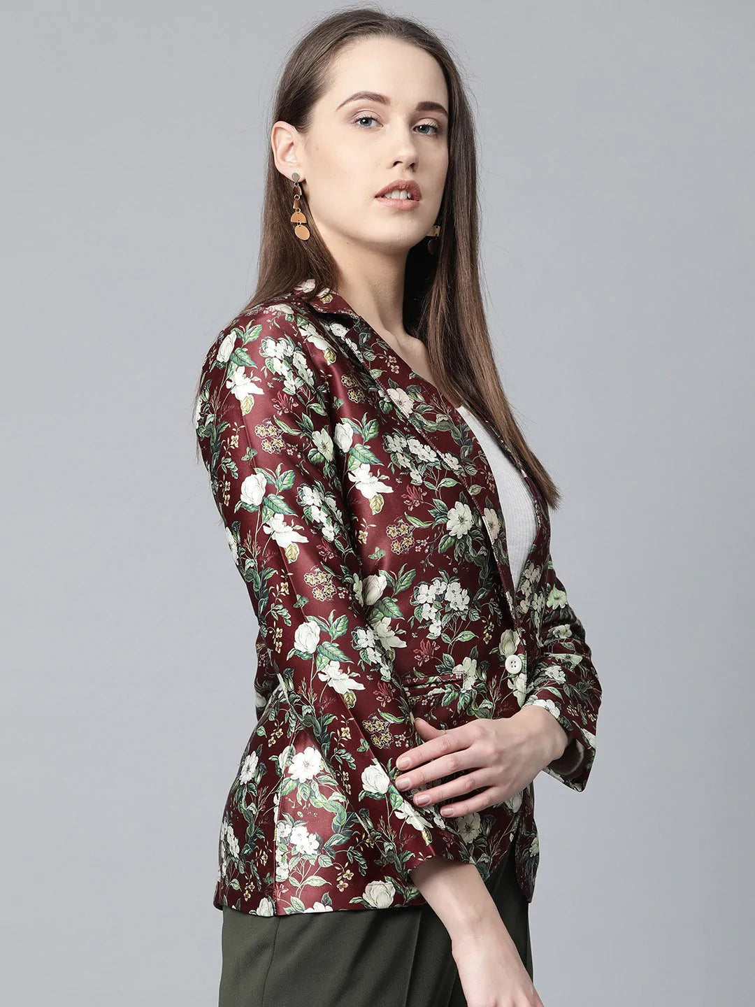 Jompers Women Maroon & Green Satin Floral Print Single-Breasted Casual Blazer ( JOB 6002 Maroon )