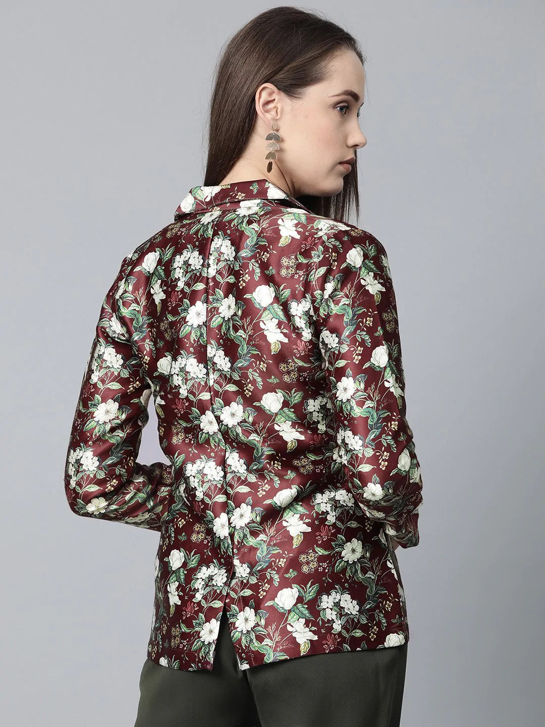 Jompers Women Maroon & Green Satin Floral Print Single-Breasted Casual Blazer ( JOB 6002 Maroon )
