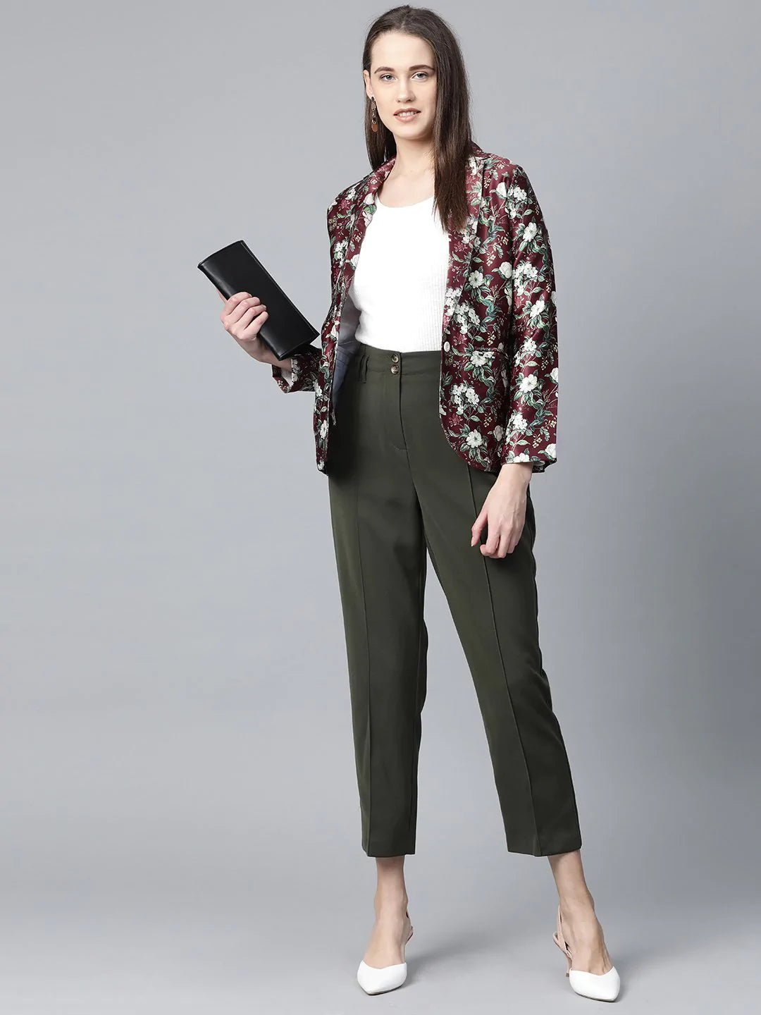 Jompers Women Maroon & Green Satin Floral Print Single-Breasted Casual Blazer ( JOB 6002 Maroon )