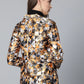 Jompers Women Mustard Yellow & Grey Satin Finish Printed Single-Breasted Blazer ( JOB 6002 Mustard )