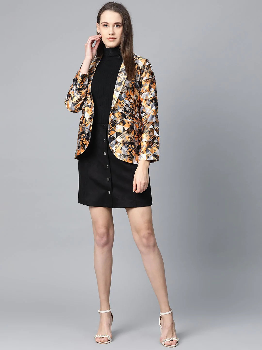 Jompers Women Mustard Yellow & Grey Satin Finish Printed Single-Breasted Blazer ( JOB 6002 Mustard )