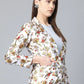 Jompers Women White & Yellow Satin Finish Floral Print Single-Breasted Blazer ( JOB 6002 White )