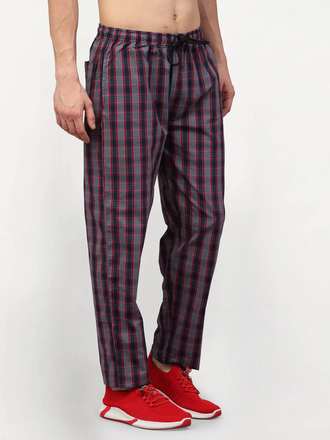 Jainish Men's Grey Cotton Checked Track Pants ( JOG 019Grey-Red )