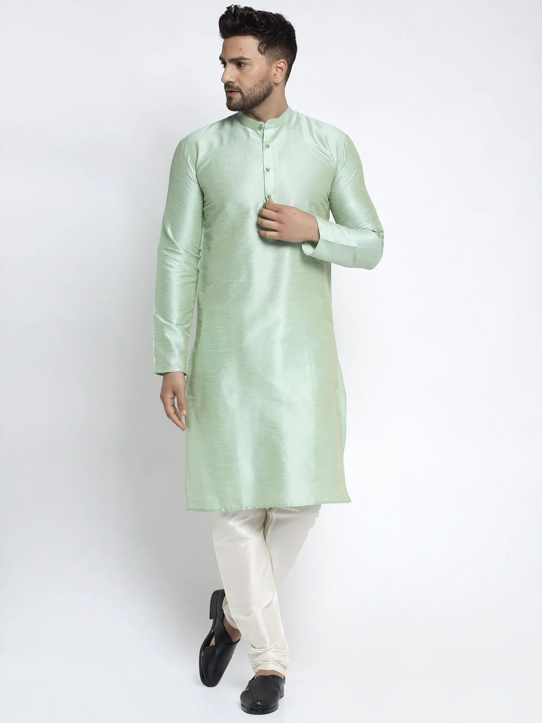 Jompers Men's Green Solid Dupion Silk Kurta Payjama Set ( JOKP 636 Green )