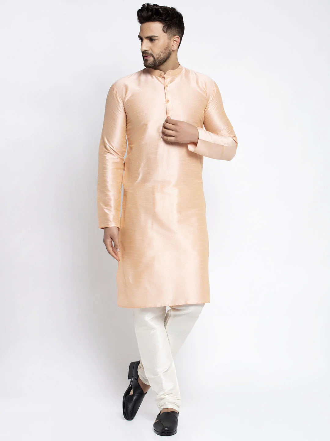 Jompers Men's Peach Solid Dupion Silk Kurta Only( KO 636 Peach )