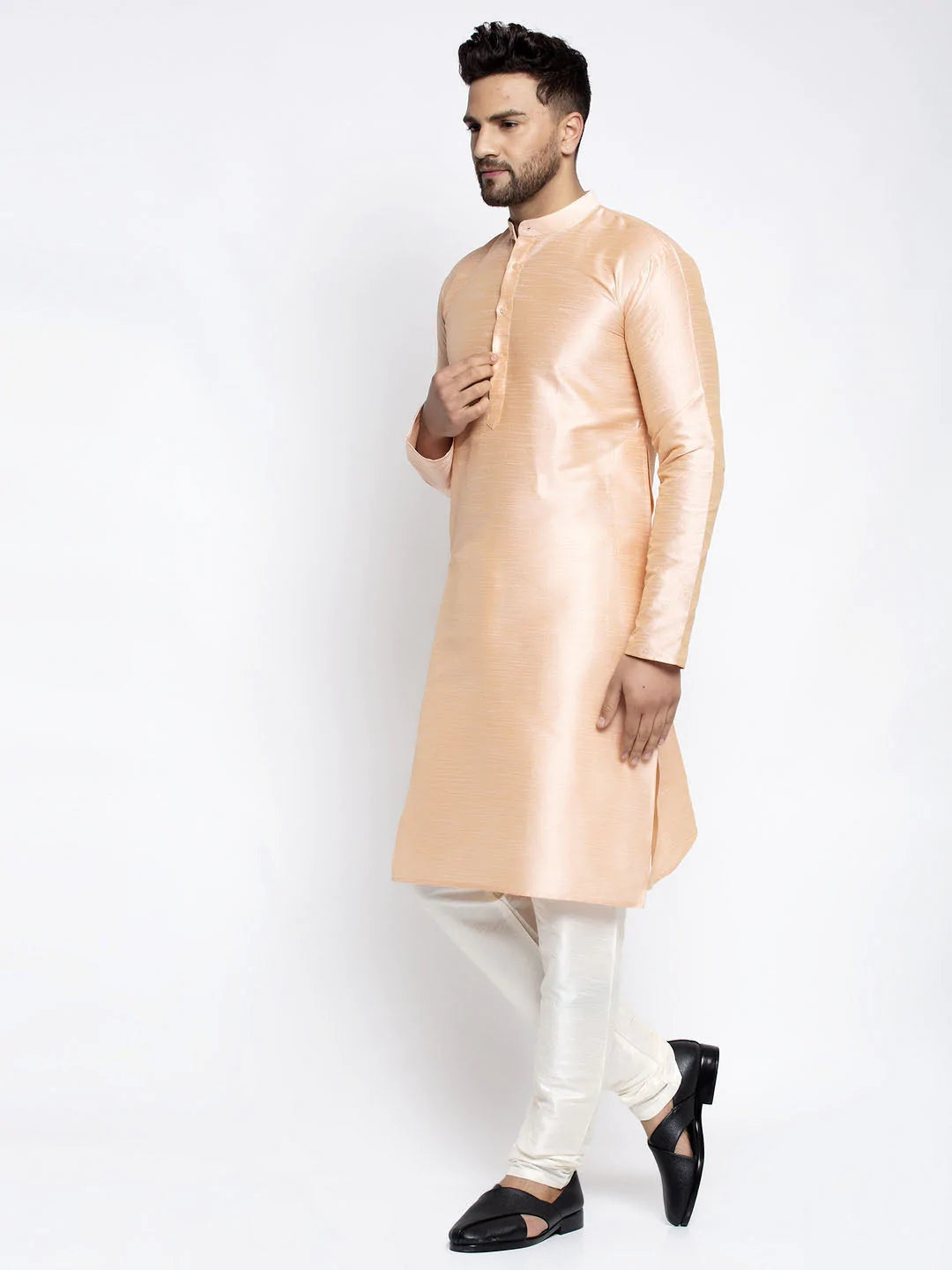 Jompers Men's Peach Solid Dupion Silk Kurta Only( KO 636 Peach )