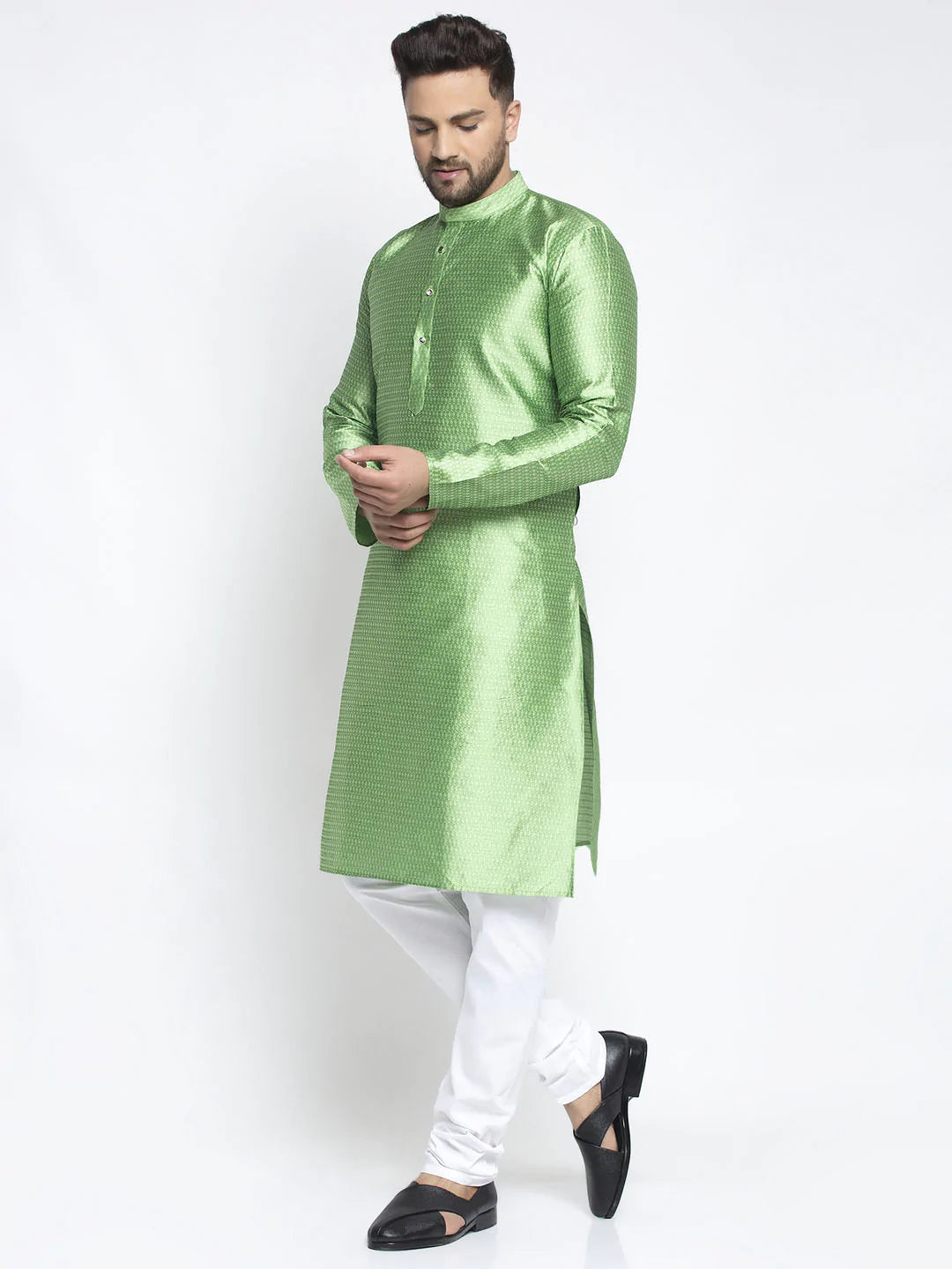 Jompers Men Green & White Woven Design Kurta with Pyjamas ( JOKP 637 Green )