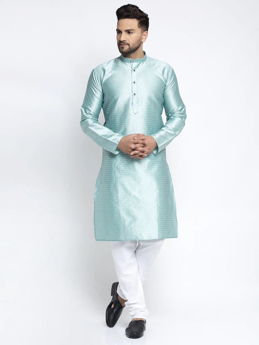 Jompers Men Sky Blue & White Woven Design Kurta with Pyjamas ( JOKP 637 Sky )