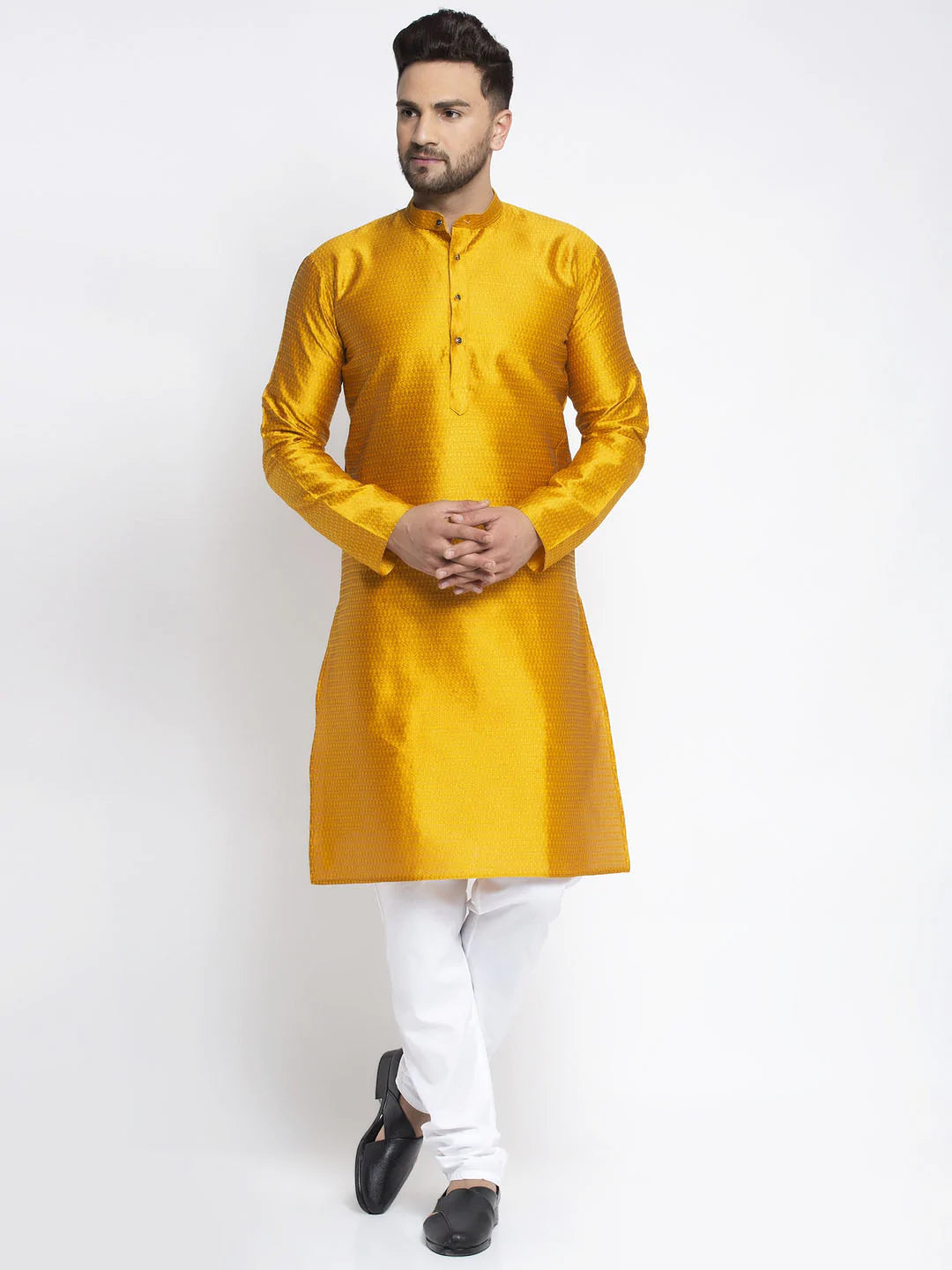 Jompers Men Yellow & White Woven Design Kurta with Pyjamas ( JOKP 637 Yellow )