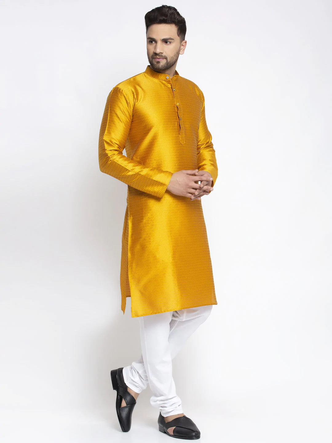 Jompers Men Yellow & White Woven Design Kurta with Pyjamas ( JOKP 637 Yellow )