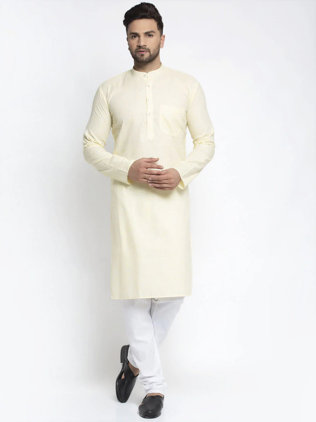 Jompers Men Lemon Yellow & White Self Design Kurta with Pyjamas ( JOKP 638 Lemon )