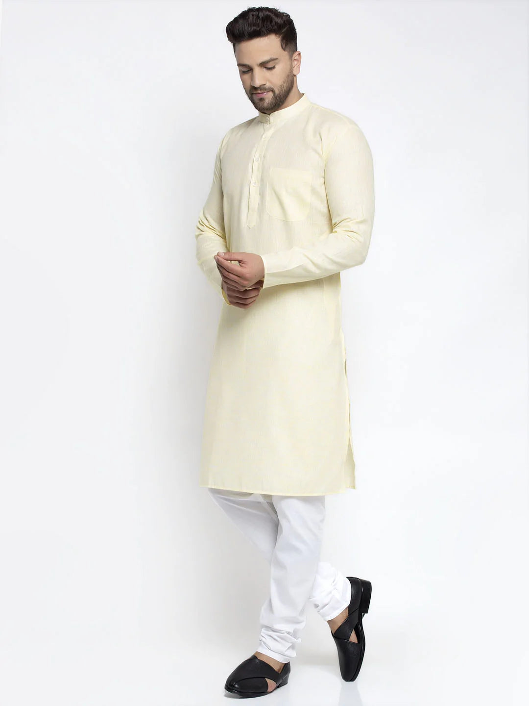 Jompers Men Lemon Yellow & White Self Design Kurta with Pyjamas ( JOKP 638 Lemon )