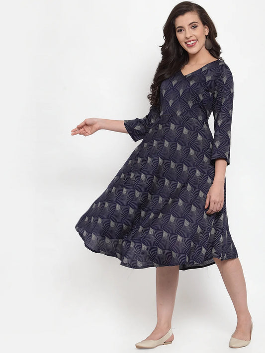 Women Navy Blue Printed Fit and Flare Ethnic Dress (JOK 1334 Blue)