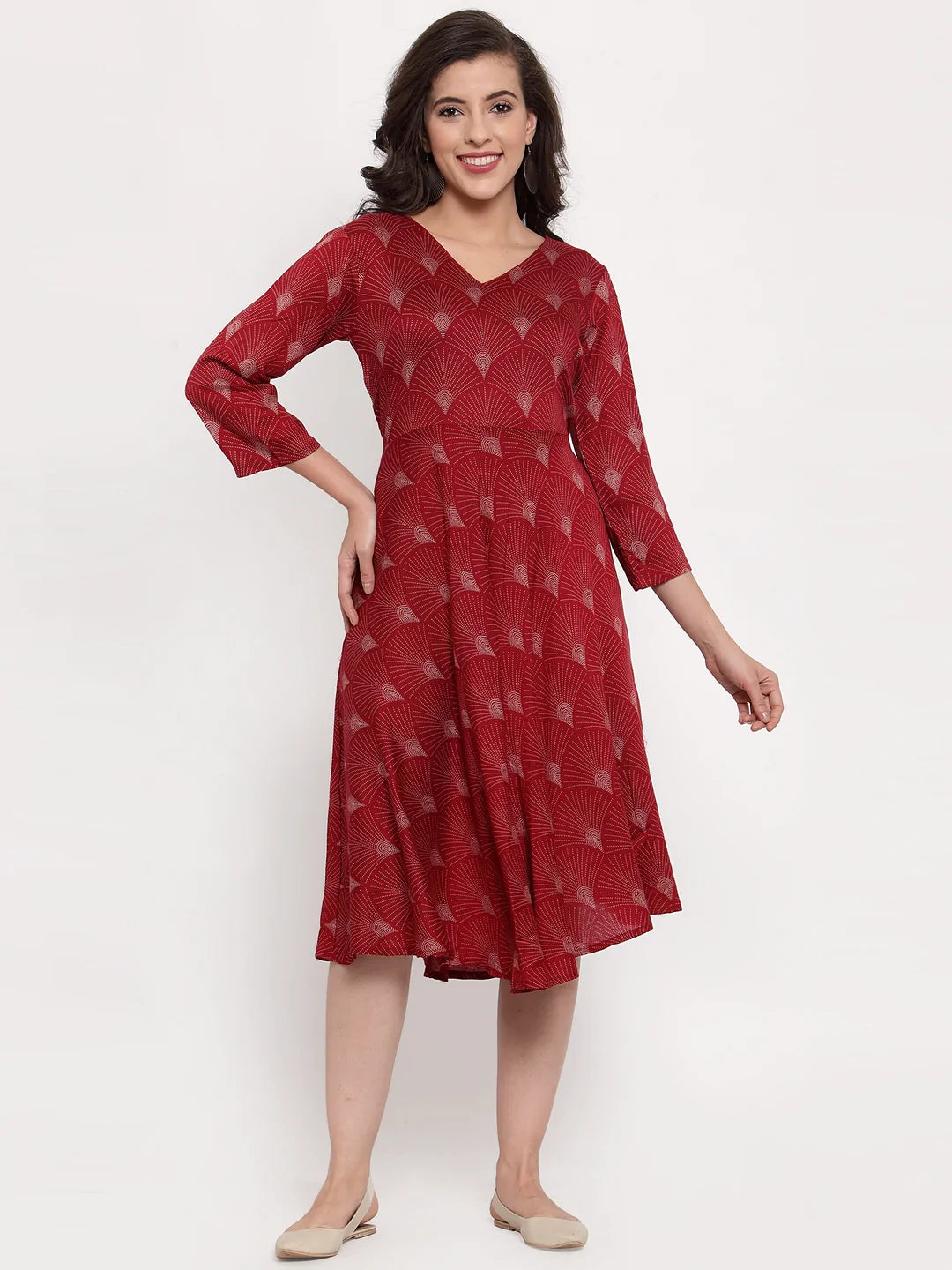 Women Maroon Printed Fit and Flare Ethnic Dress (JOK 1334 Maroon)
