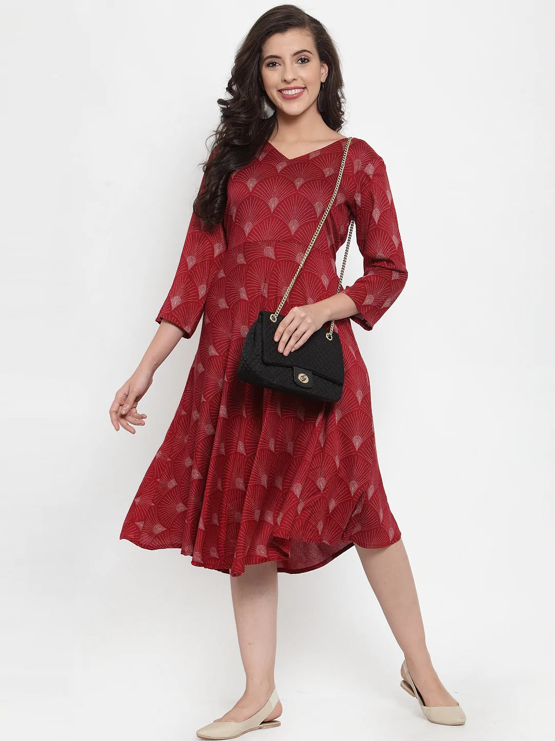Women Maroon Printed Fit and Flare Ethnic Dress (JOK 1334 Maroon)