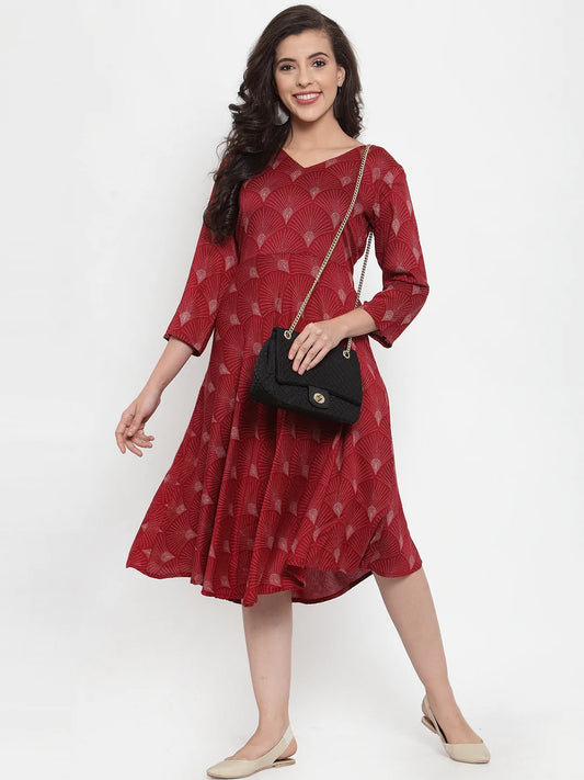 Women Maroon Printed Fit and Flare Ethnic Dress (JOK 1334 Maroon)