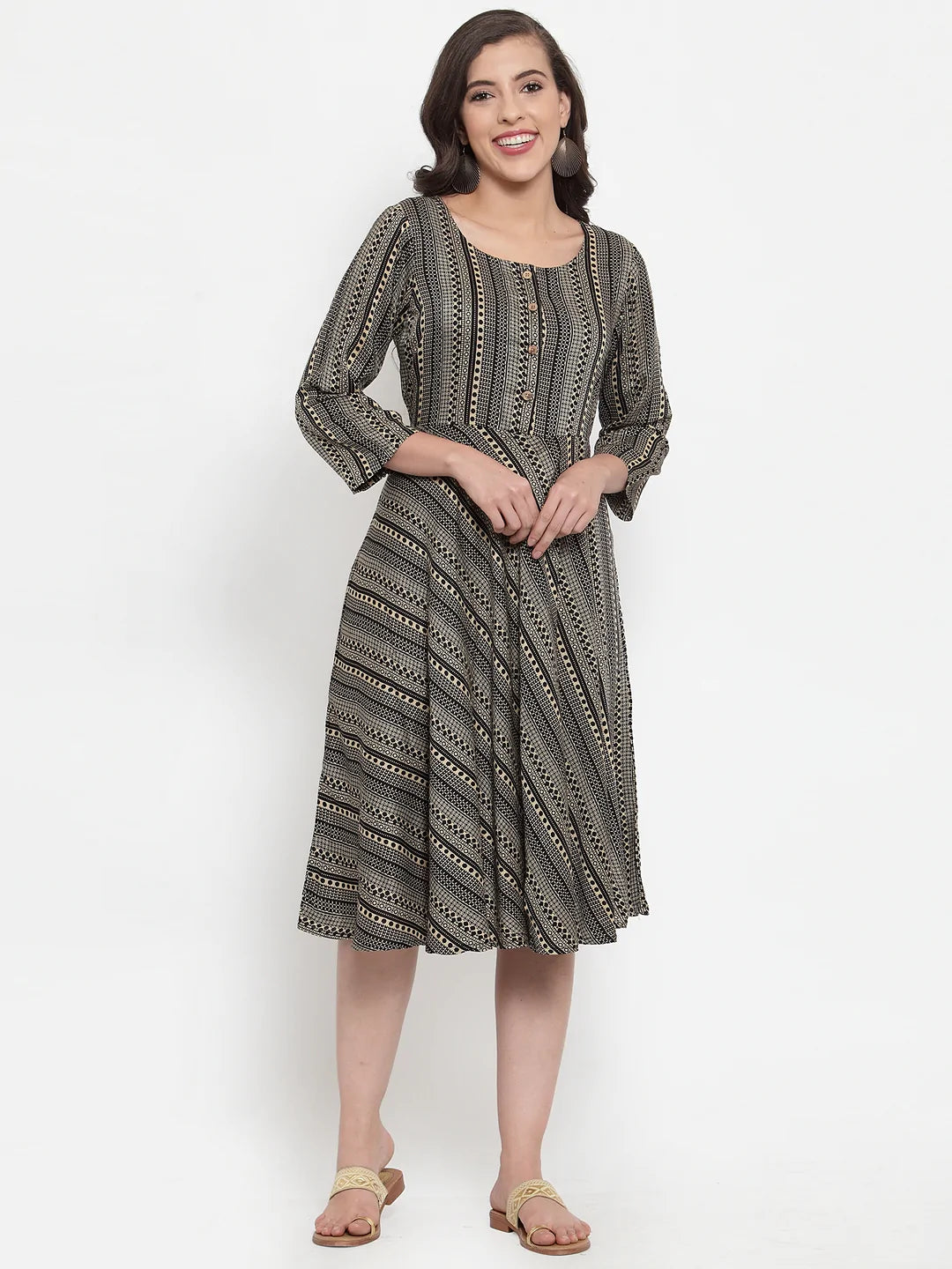 Women Black Printed Fit and Flare Ethnic Dress (JOK 1335 Black)