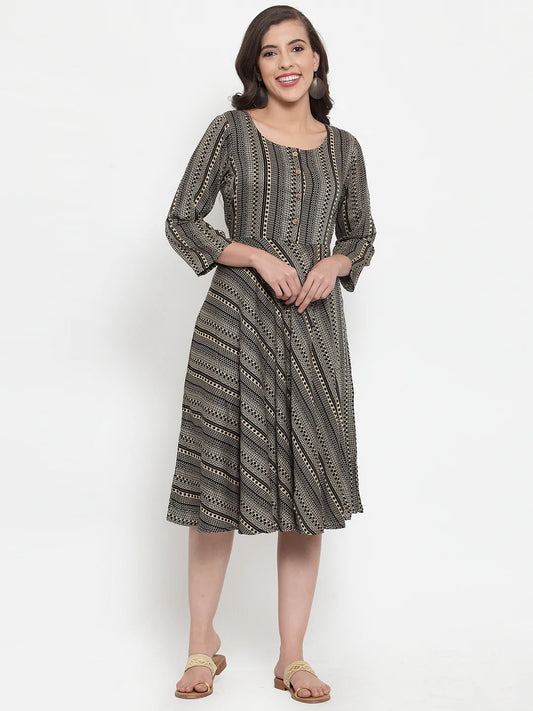Women Black Printed Fit and Flare Ethnic Dress (JOK 1335 Black)