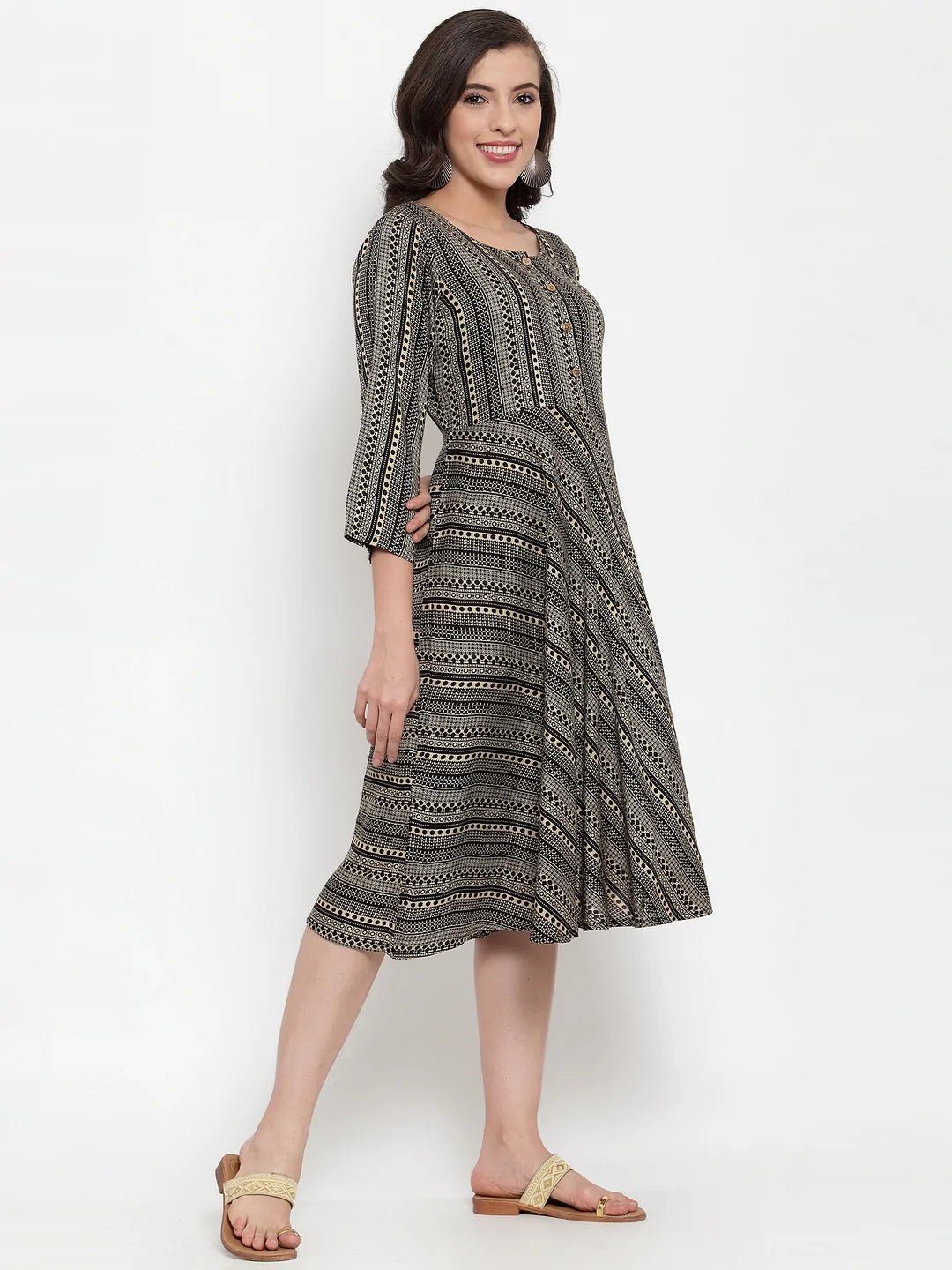 Women Black Printed Fit and Flare Ethnic Dress (JOK 1335 Black)