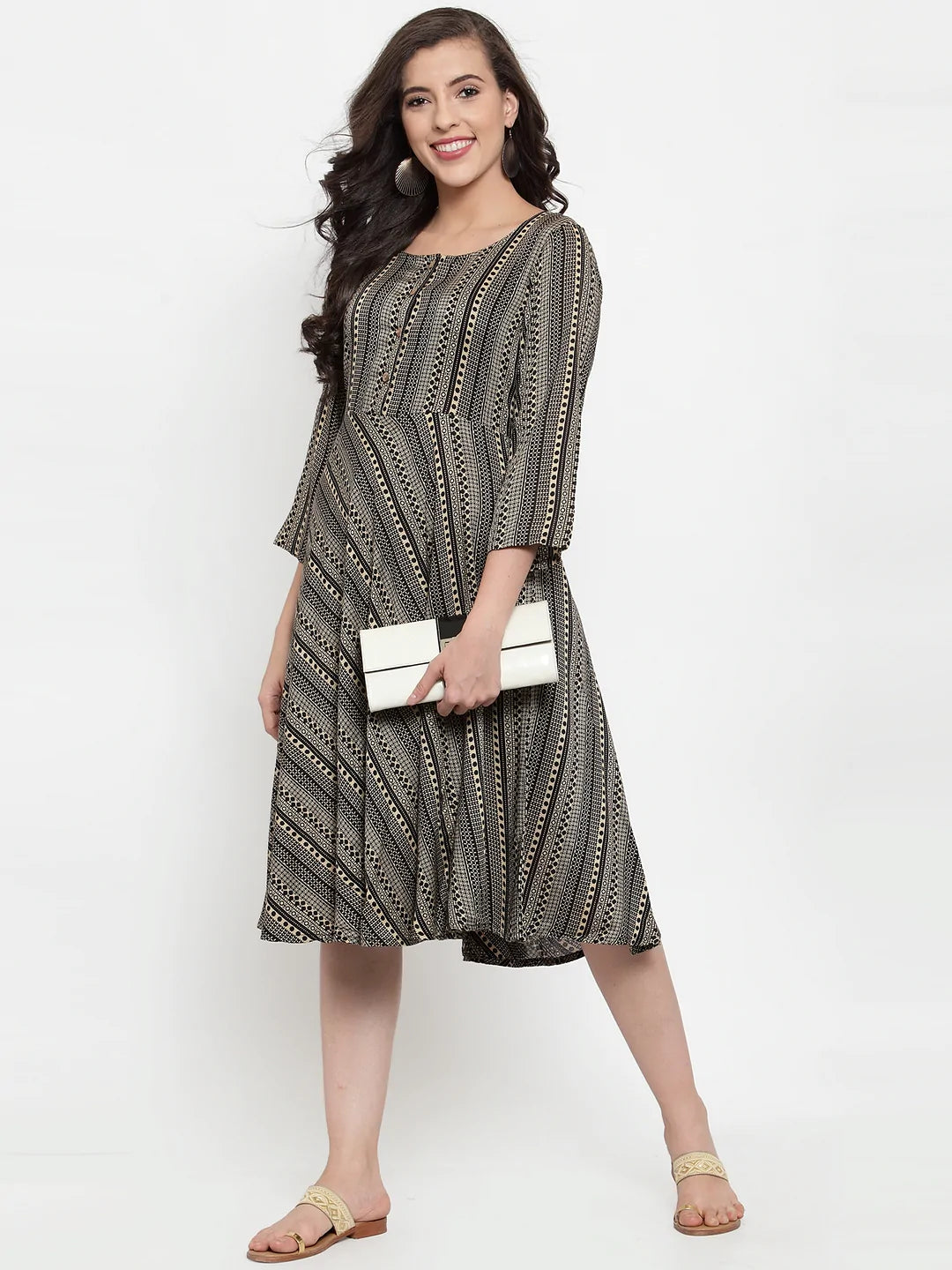 Women Black Printed Fit and Flare Ethnic Dress (JOK 1335 Black)