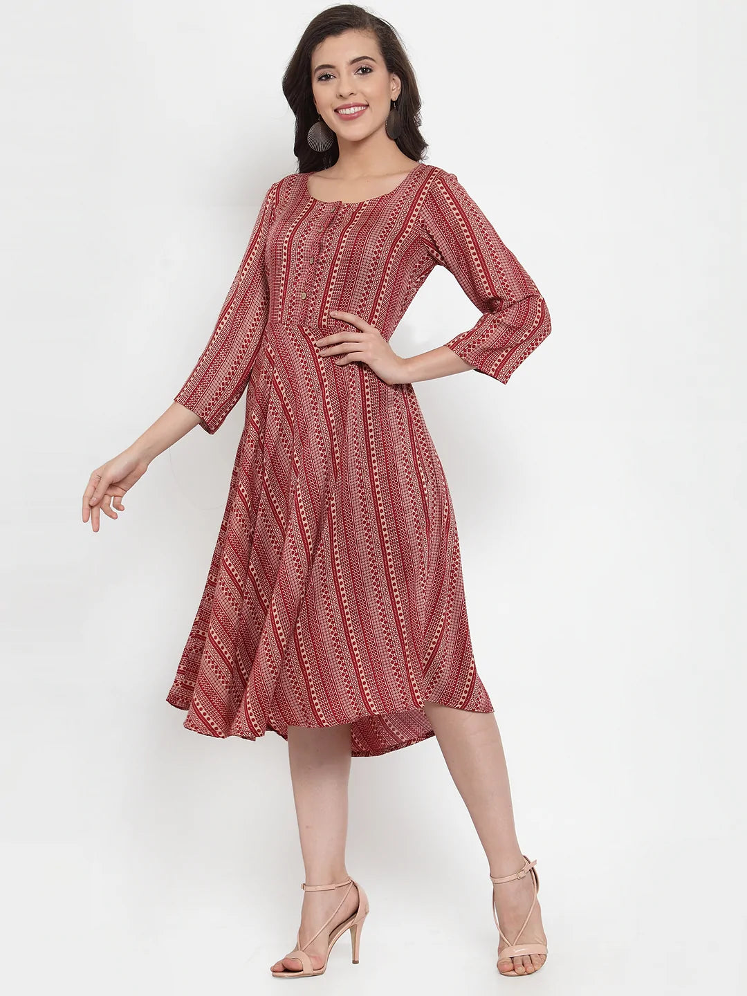 Women Maroon Printed Fit and Flare Ethnic Dress (JOK 1335 Maroon)